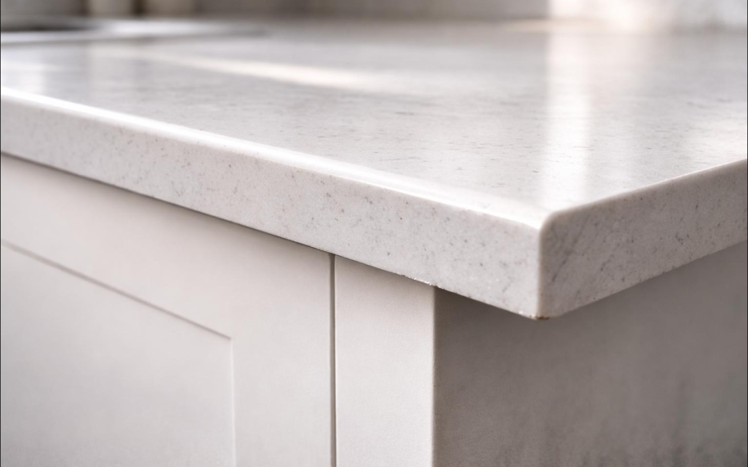 Light-colored stone countertop on white kitchen cabinets.